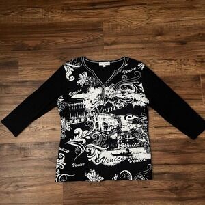Y2K‎ Venice Graphic Top Womens Medium Black White Baroque Print 3/4 Sleeve Shirt